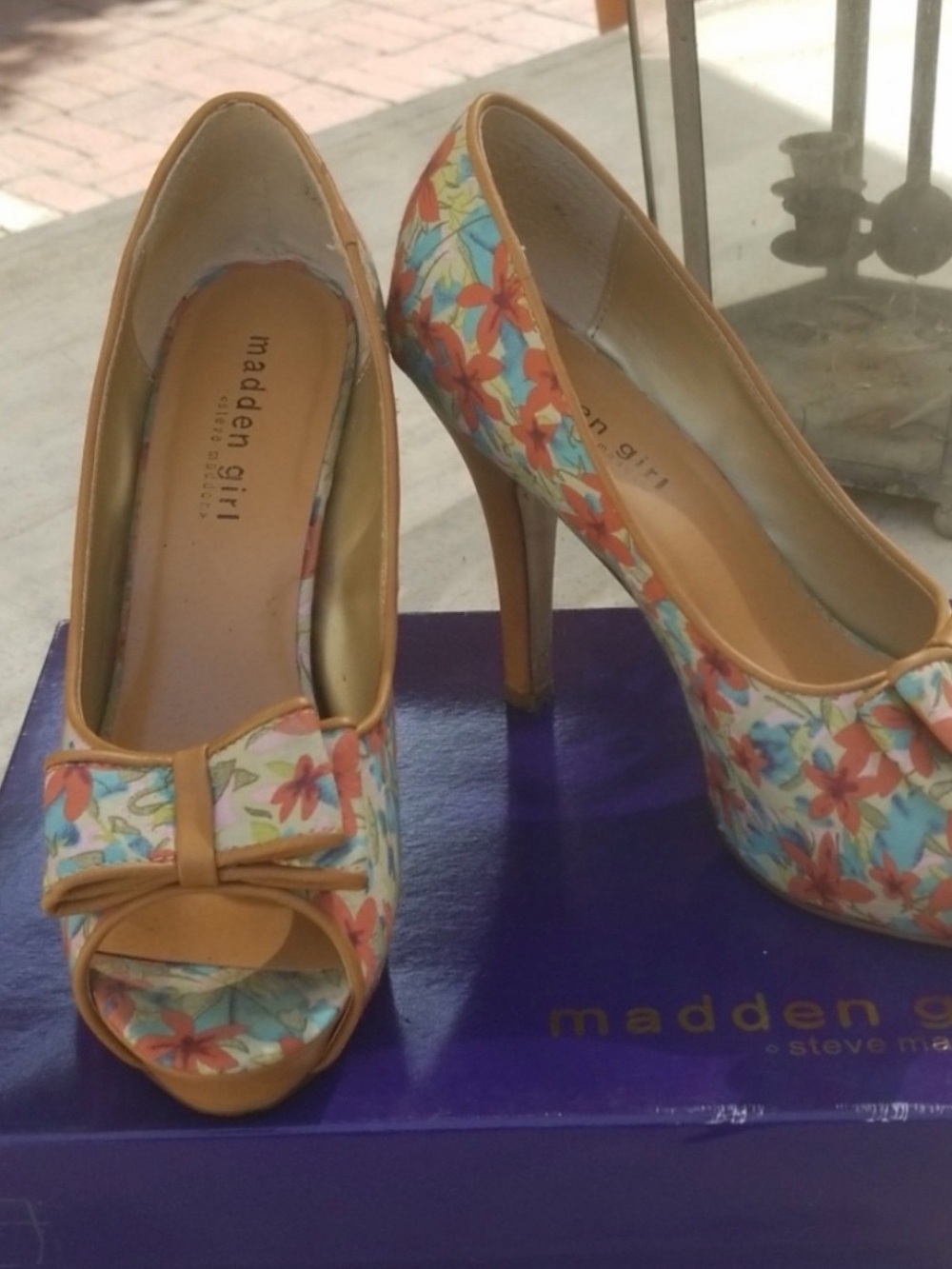Madden Girl Floral Peep-Toe Heels in Tan & Blue